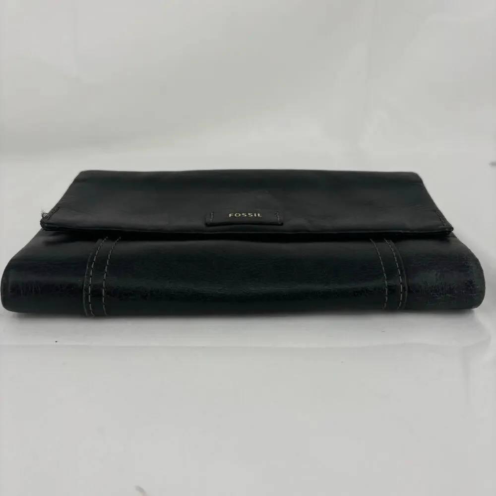 Fossil Folding Wallet Black Leather ID‎ Window Credit Card Coin Zip Pocket